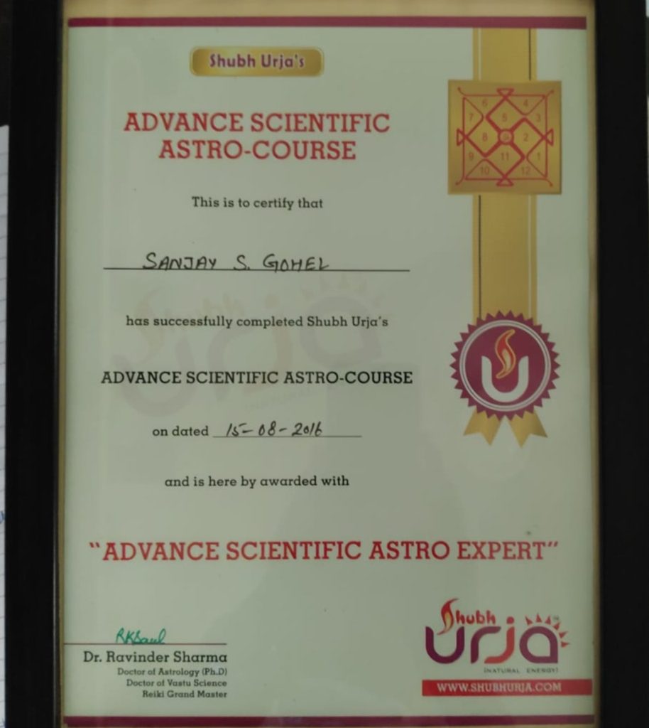 "Advanace Scientific Astro Expert" award by Shubh Urja after Completing its course "Advance scientific Astro-Course"